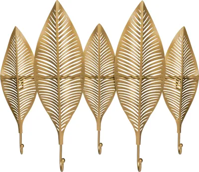 A set of five decorative leaf-shaped wall hooks in a gold finish, arranged horizontally against a white background.