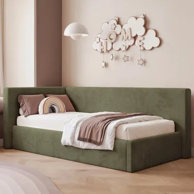 Produktbild von Eckbett Jugendbett Sampre 100x200 cm Olivgrün Links Chenille – Bettkasten, Metalllattenrost