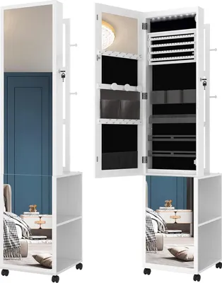 Image de Armoire à bijoux, armoire à glace, organisateur de bijoux debout avec 1 tringle à vêtements, 3 étagères et 4 crochets à vêtements