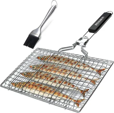 Produktbild von Fisch Grillkorb Faltbar Tragbarer Edelstahl mit Abnehmbarem Griff Backpinsel Aufbewahrungstasche Grillzubehör für Gemüse Garnelen Große Grillfläche