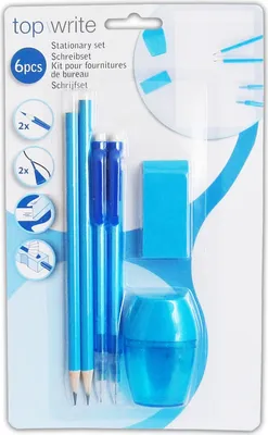 Produktbild von SCHREIBSET 6-teilig Malset Schulset 2x Bleistift 2x Druckbleistift Radierer Anspitzer Spitzer 58 (Blau)