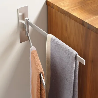 Image de Porte-serviettes sans perçage, pivotant à 180°, à deux bras, barre argentée brossée, acier inoxydable 304, support autocollant, porte-serviettes mural pour salle de bain et cuisine, 39 cm