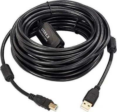 A coiled black USB 2.0 extension cable with a male and female connector.