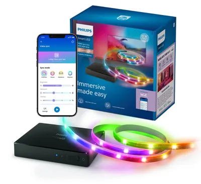 Produktbild von Philips HDMI Sync Box mit TV-Hintergrundbeleuchtung für TVs von 75–85", Connected by WiZ, Set für intelligente Beleuchtung, Wi-Fi/Bluetooth, Schwarz, Wi-Fi 4 (802.11n), 802.11b, 802.11g, LED, Kunststoff