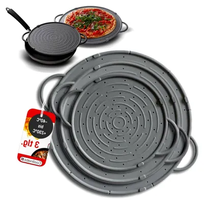 Produktbild von Silikon Spritzschutz 3er Set grau für Pfannen, Pfannenspritzschutz und Untersetzer 31 cm, 26 cm und 21 cm, universell backofenfest