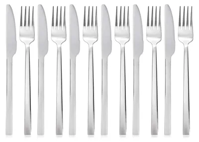 Produktbild von 12 Stück 18/8 Besteckset aus Edelstahl, 6 × Tafelmesser ‑ 6 × Gabel, pflegeleicht und spülmaschinenfest, für tägliches Familienessen zu Hause