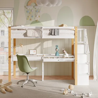 Image de ProximaX Lit surélevé avec bureau et escalier de rangement, Lit d'enfant, 90*200 CM, Blanc