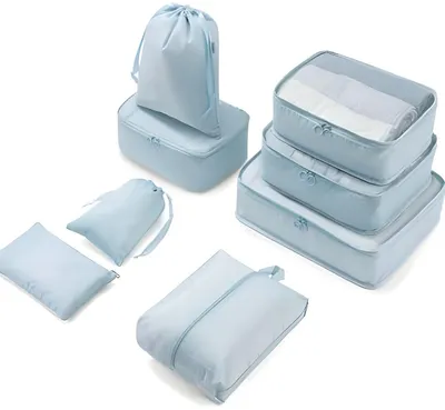 Produktbild von PolkaHome® 8-teiliges Packwürfel-Set, Kofferorganizer für Reisen, Aufbewahrungstaschen, Blau, 40x30x15 cm