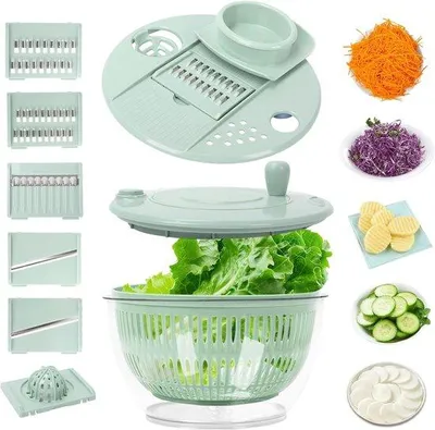 Produktbild von Famanu Salatschleuder 5 Liter mit Deckel, 5 Messer, Kantausantrieb und Eigeilscheider - Multifunktionale Salatschüssel