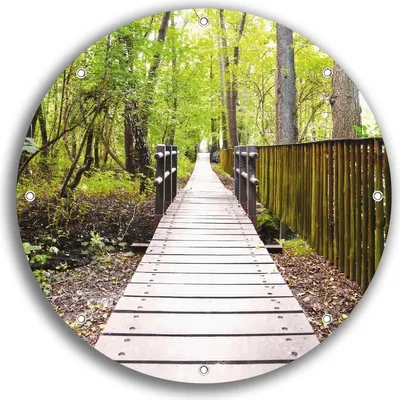 Produktbild von Wallario rundes Outdoor-Poster für Garten oder Balkon, Motiv Spaziergang im Wald  Holzweg über einen Fluss, 30 cm Durchmesser
