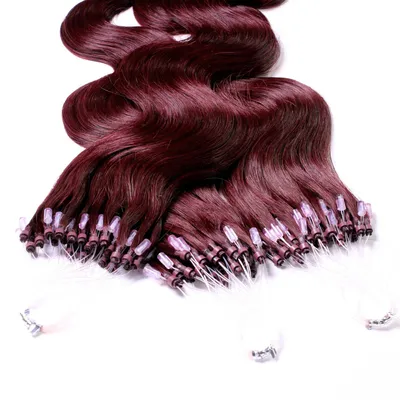 Image de hair2heart Microring Extensions Cheveux humains ondulés - 25 mèches 0,5g 60cm 55/65 brun clair couleur pourpre-mahogany intense