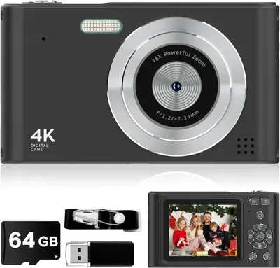 Image de Appareil photo numérique ZELURXX, caméra enfant 1080P, caméra vlog avec carte 64GB, dragonne, zoom 16x, anti-shake, 44 MP compact portable noir
