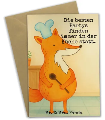Produktbild von Mr. & Mrs. Panda Glückwunschkarte Fuchs Koch Design - Weiß - Geschenk, Bäcker, weihnachtskarten, Kochen, hochzeitskarten, Grußkarten, Spruch Lustig, einladungskarten