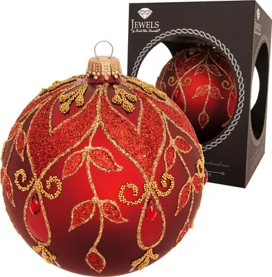 Produktbild von Krebs Glas Lauscha Weihnachtsbaumschmuck - Weihnachtsbaumkugel in Rot mit goldenen Verzierungen - Ø ca. 10cm