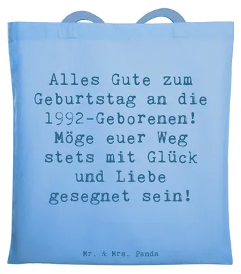 Produktbild von Mr. & Mrs. Panda Schultasche Spruch 1992 Geburtstag - Sky Blue - Geschenk, Einkaufstüte, Beutel, Shopping Tasche, Tote Bag, Geburtstagsgruß, Geburtstagsgeschenk