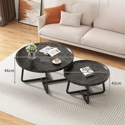 Produktbild von Couchtisch 2er Set rund Nordic Marmoroptik Schwarz Wohnzimmertisch Metallgestell