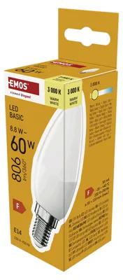Imagen del producto de EMOS LED, modelo BASIC, casquillo E14, luz blanca cálida, 806 lúmenes, 8,8 W (equivalente a una bombilla de 60W), vida útil de 20.000 horas, código ZL3F47