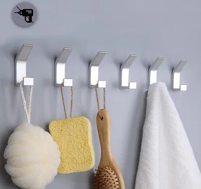 Image de Crochets autocollants en aluminium, lot de 6, couleur argent, pour la salle de bains