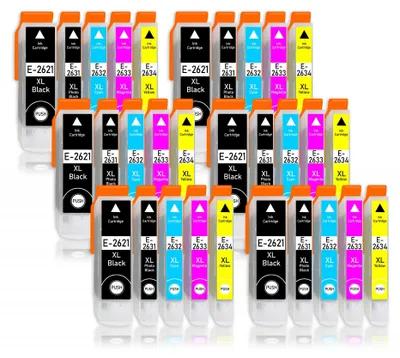 A collection of printer ink cartridges arranged in rows.
