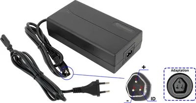 A black power adapter with two cables and a close-up view of the connector.