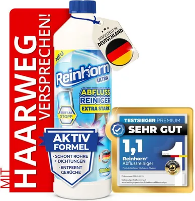 Produktbild von REINHORN Abflussreiniger Extra Stark - löst Haare 100% auf - Sofort Frei Aktivformel - Premium Spezial Rohrreiniger 1000ml Vorteilspack schont das Abfluss Rohr und pflegt Dichtungen