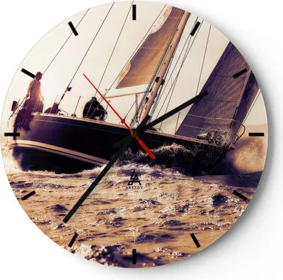 Produktbild von Wanduhr - Rund - Glasuhr - Meer Yacht Welle - 30x30cm - Schleichendes Uhrwerk - Lautlos - zum Aufhängen bereit - Dekoration Modern - Wanddekoration aus Glas - C3AR30x30-3719