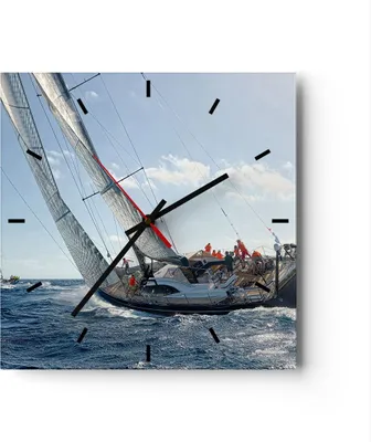 Produktbild von Wanduhr - Quadrat - Glasuhr - Segelschiff Meer - 40x40cm - Schleichendes Uhrwerk - Lautlos - zum Aufhängen bereit - Dekoration Modern - Wanddekoration aus Glas - C3AC40x40-4032