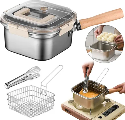 Produktbild von Edelstahl-Fritteuse mit Frittierkorb – Kompakte Fritteuse mit Deckel, quadratischer Multifunktionstopf mit Zange und Abtropfgitter.