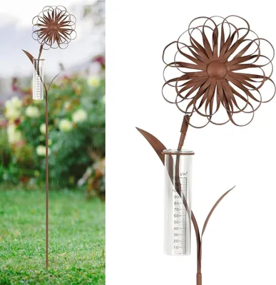 Produktbild von Regenmesser Bodenstecker Sonnenblumenform Metall - 110 cm - Niederschlagsmesser Glas - Gartendekoration - Gärtner - Hobby-Meteorologen