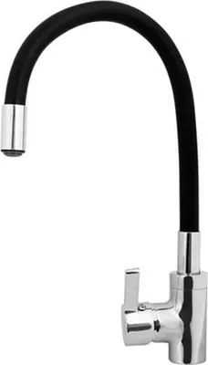 A black and chrome kitchen faucet with a flexible hose.