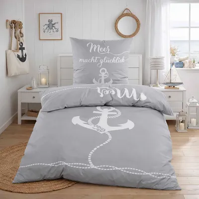 Produktbild von Renforce Bettwäsche 155 x 220 cm aus feinster Baumwolle mit Reißverschluss in Grau Weiß Maritim Anker