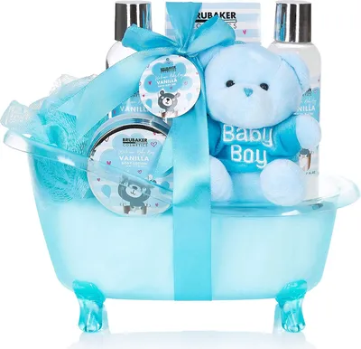 Immagine prodotto di BRUBAKER Set 7 pezzi per la cura del bambino - Set di benvenuto per bambini - Set regalo per bambini con bagnetto e orsetto di peluche - Azzurro Blu