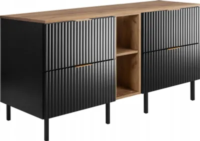 A product shot of a black and brown cabinet with a wooden top and black legs, set against a white background.