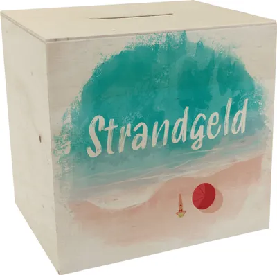 Produktbild von Spardose aus Holz mit Strand Motiv und Text - Strand und Meer Strandgeld