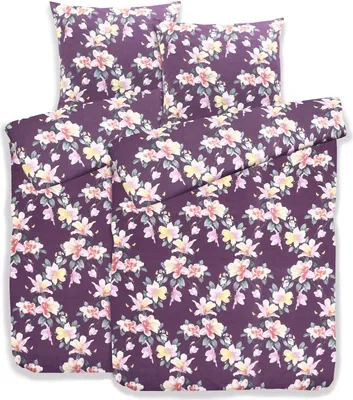 Produktbild von aboutyourhome bettwäsche Hochwertige Biber Bettwäsche Baumwolle Blumen Lila 135x200 80x80, 4tlg. / Lila