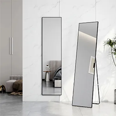 Produktbild von EMKE Pełnowymiarowe lustro Lustro ścienne Lustro toaletowe Czarne aluminiowe wykończenie 160x40cm HD Duże lustro stojące z haczykami