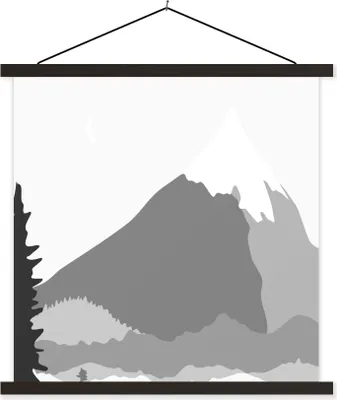 Produktbild von MuchoWow® Textilposter Illustration - Berg - Schwarz - Weiß 90x90 cm mit schwarzem Rahmen - Magnetisches