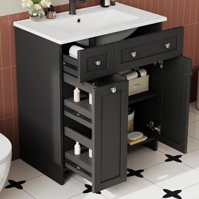 Produktbild von Flieks freistehender Badezimmerwaschtisch mit auslaufsicheres Keramikbecken, 8-teilige Schubladen, Soft Close Scharniere, Waschtisch, Schrank, Schwarz
