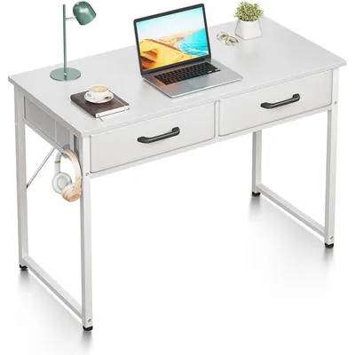 Obrázok produktu pre Stôl s 2 zásuvkami potiahnutými látkou a držiakom na slúchadlá, rozmer 100x40x78,7 cm, biela farba