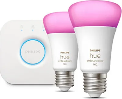 Produktbild von Hue White & Color Ambiance Starter-Set: E27 - Smarte Lampe A60 Doppelpack inklusive Hue Bridge