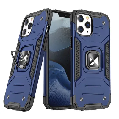 Two blue rugged phone cases with a silver ring holder are displayed against a white background. One case is shown from the side, and the other is shown from the front.