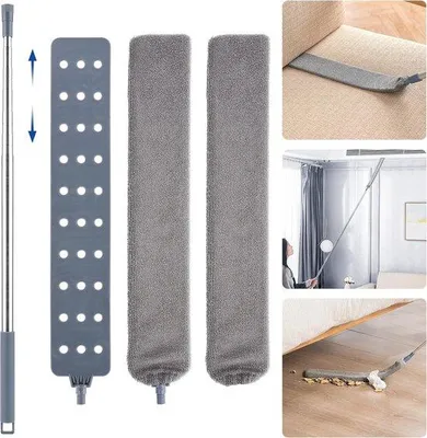 Zdjęcie produktu dla Teleskopowy mop z dwoma wymiennymi nakładkami z mikrofibry, o długości od 80 do 250 cm, przeznaczony do czyszczenia sof, podłóg mebli, trudno dostępnych miejsc oraz usuwania kurzu.