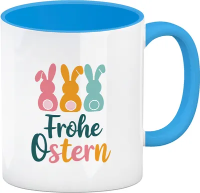 Produktbild von Frohe Ostern Hasen Kaffeebecher in hellblau für Osterdeko