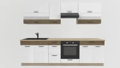 Produktbild von Küchenzeile 270 cm - FAVORIT A PLUS - Weiß Hochglanz und Sonoma Eiche - Ohne Arbeitsplatte - Einbauküche mit Metallbox Schubladen - Singleküche