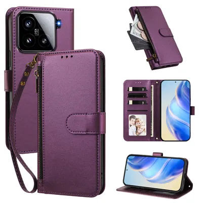 Produktbild von Geldbörse Hülle für Xiaomi 15, Kunstleder Handyhülle mit Kartenfächer, Ständer, Handschlaufe Lila