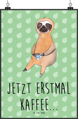 Produktbild von Mr. & Mrs. Panda Bild Faultier Kaffee DIN A2 - Tropengrün - Geschenk, Wanddekoration, Kaffeetasse, Plakat, drucke, Kunstdruck, wanddeko, Coffee