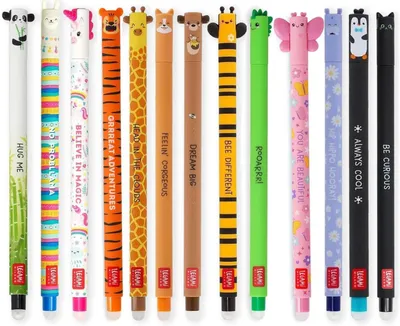 Produktbild von Radierbare Gelstifte – Set mit 13 Stück – Verschiedene Tintenfarben: Panda, Lama, Einhorn, Tiger, Giraffe, Corgi, Teddybär