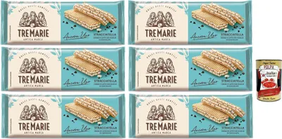 Produktbild von Tre Marie Ancora Uno Wafer Stracciatella Waffeln gefüllt mit Milchschokolade Creme und Schokoladenstücke 6x 140g + Italian Gourmet polpa 400g