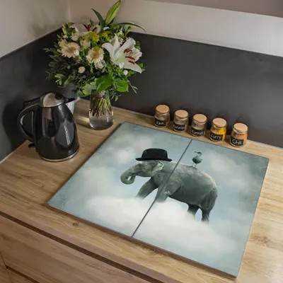 Produktbild von banjado Herdabdeckplatte zweiteilig je 30x52cm groß mit Gummi Abstandshalter, ESG Sicherheitsglas mit Motiv Elefant und Möwe [HAP2 12544]
