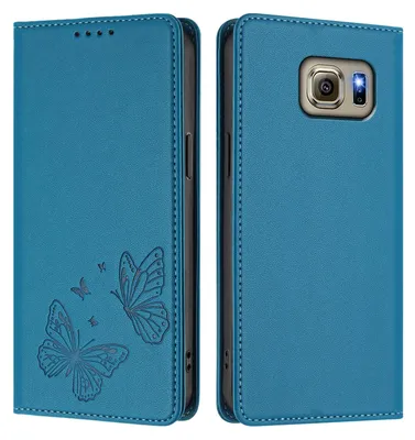 Produktbild von Lederhülle für Samsung Galaxy S6, Schmetterling Prägung Leder Brieftasche Schutzhülle mit Ständer Blau